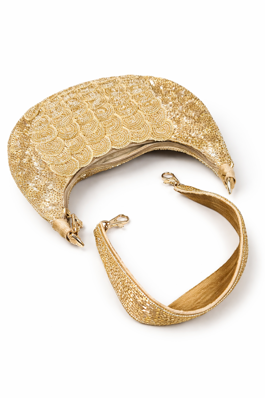 Aurora Gold Beaded Crescent Clutch Bag