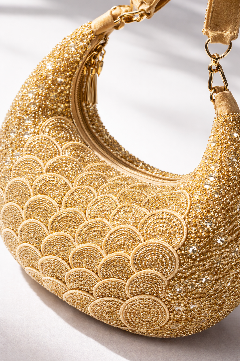 Aurora Gold Beaded Crescent Clutch Bag