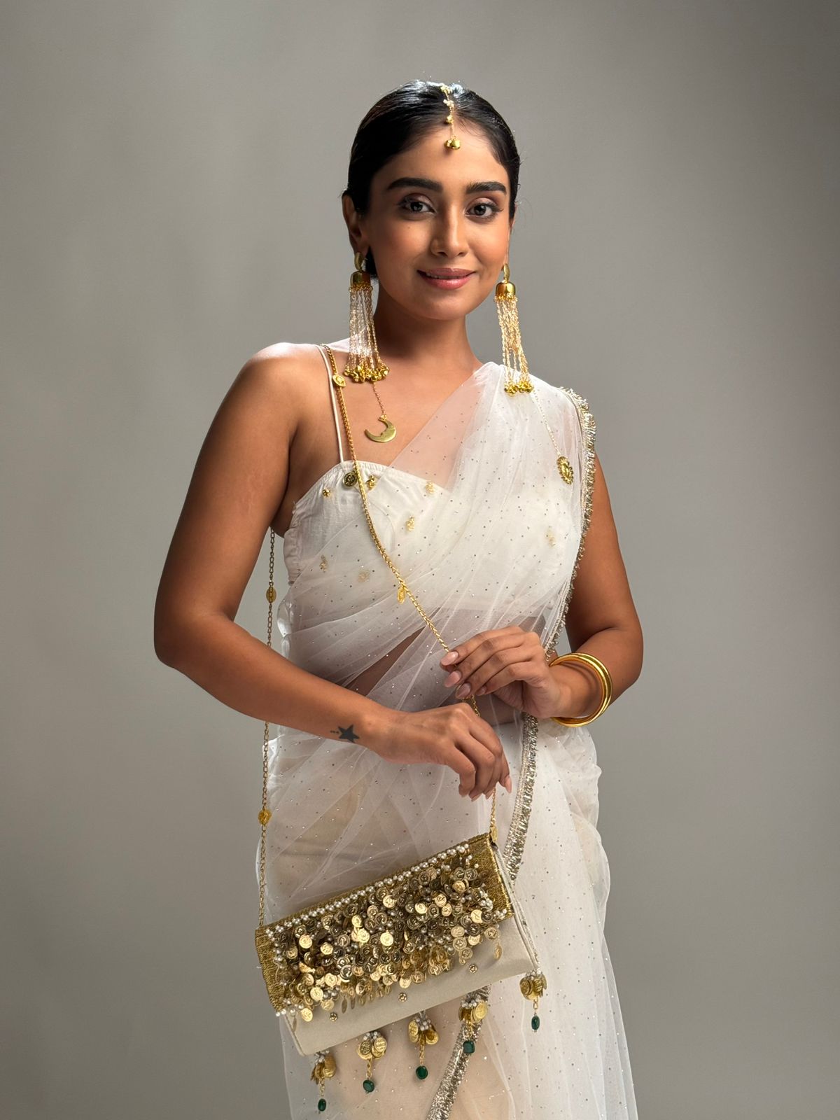 Gold coin embellished clutch with pearls – Maharani Royale by Clutch It